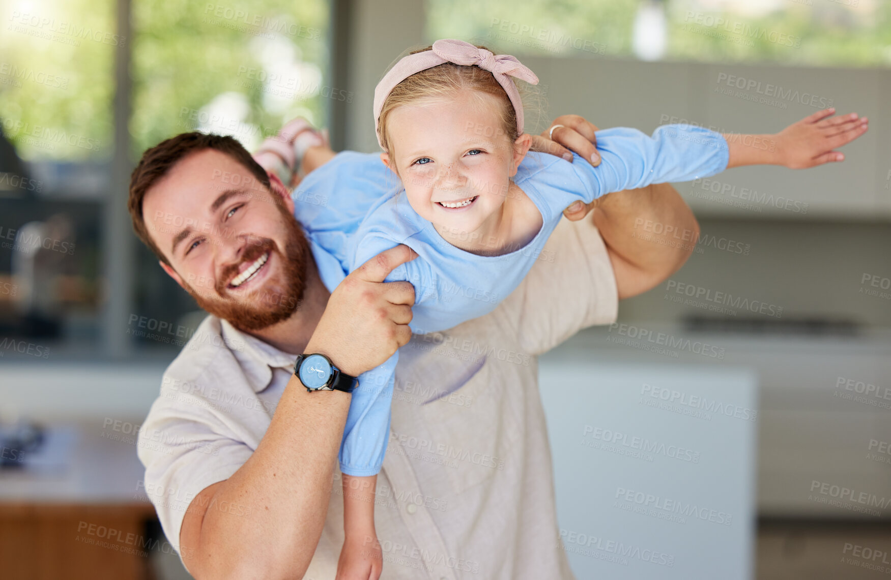 Buy stock photo Portrait, flying and dad with daughter, playing and bonding with game in house, fun and love of family. Home, airplane and happy girl with father, cheerful and together in kitchen, break and weekend