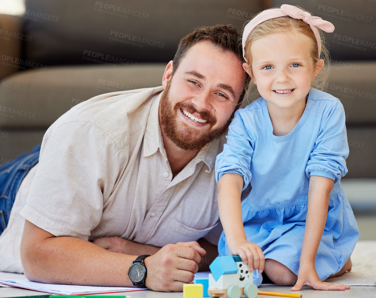 Buy stock photo Portrait, father and child with blocks on floor at house for creative learning, bonding and motor development. Smile, man and girl with education play, growth support and building game in living room