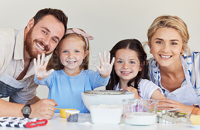 Buy stock photo Baking, happy family and kid with flour on hands for portrait, learning and help parents in kitchen. Face, mother and dad with children cooking dessert or dough with siblings together in messy home