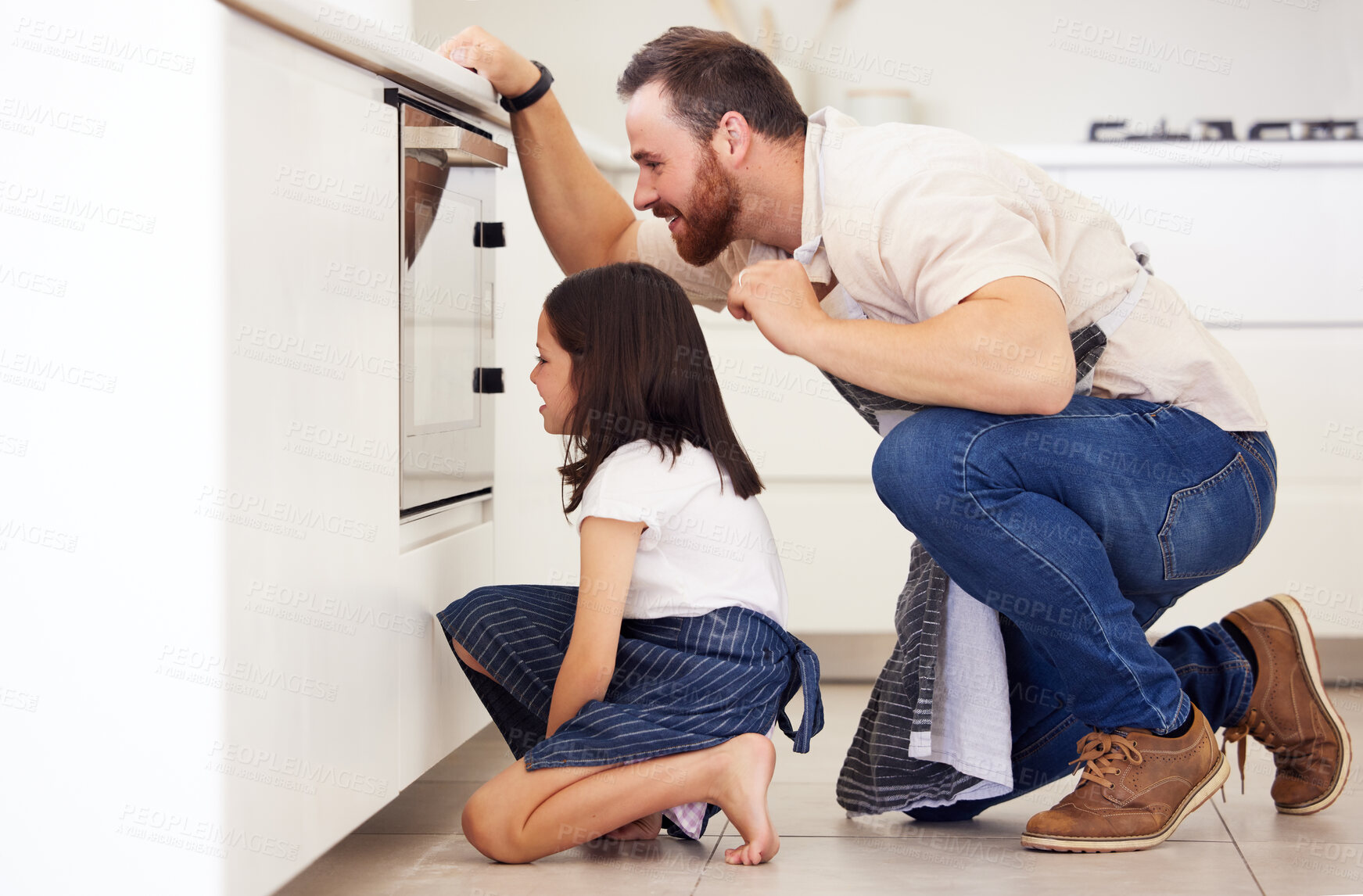 Buy stock photo Oven, dad and child in kitchen for baking, cookies and breakfast for morning or weekend. Cooking, girl and father in home for learning, teaching and support or care for family with food for dessert 