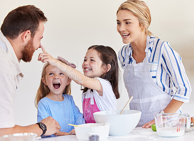 Buy stock photo Kids, happy family and dad with flour on nose for baking, learning and help funny parents in kitchen. Playing, mom and father with children cooking dessert and dough with siblings laughing in home
