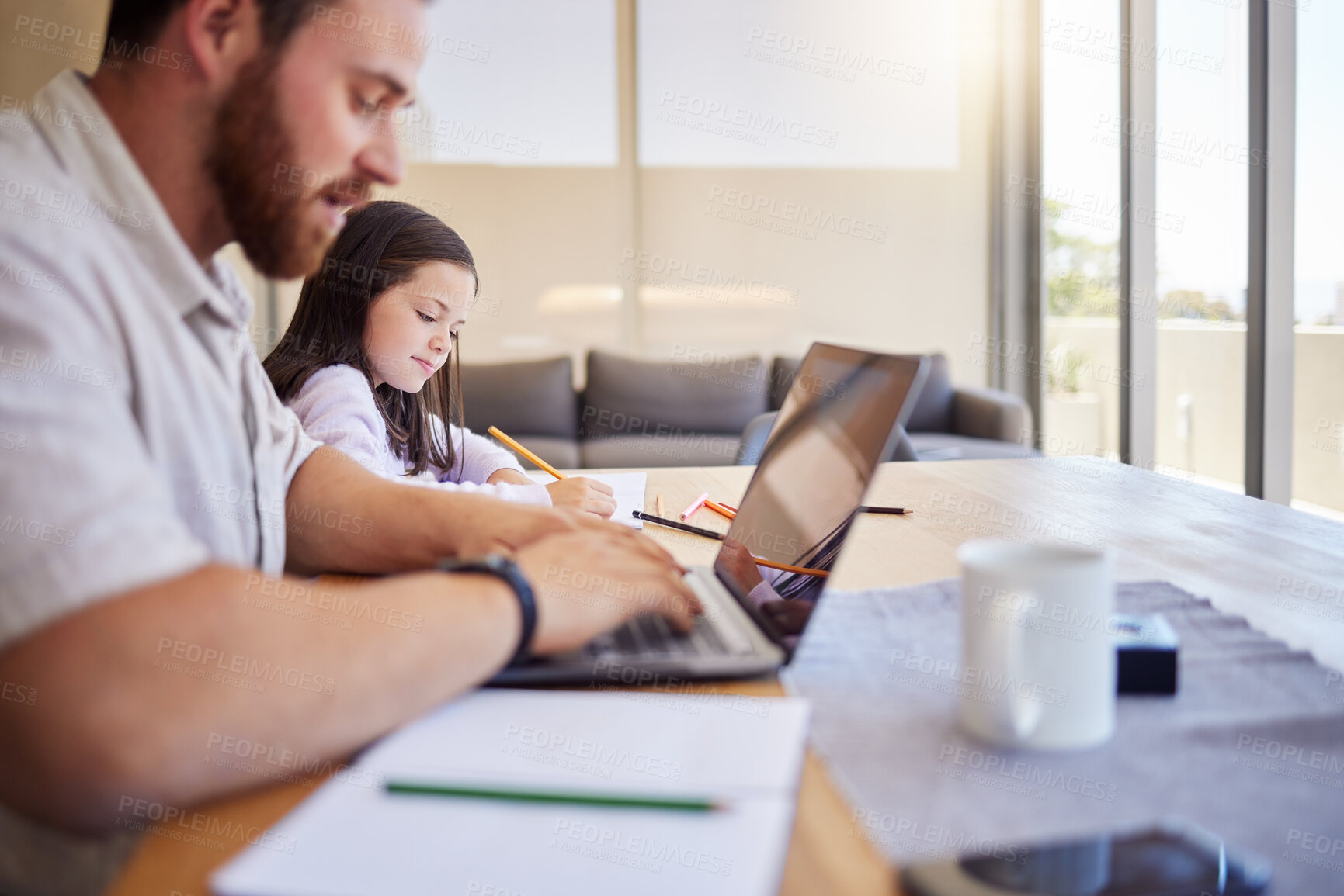 Buy stock photo Father, laptop and child drawing at house with remote working, creative learning and research of business project. Man, girl and freelance career on digital with kid studying, art sketch and bonding