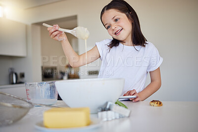 Buy stock photo Home, kitchen and kid with mixing for baking, recipe and ingredients for child development with learning. House, counter and girl with dessert, pastry and breakfast preparation in bowl with spoon