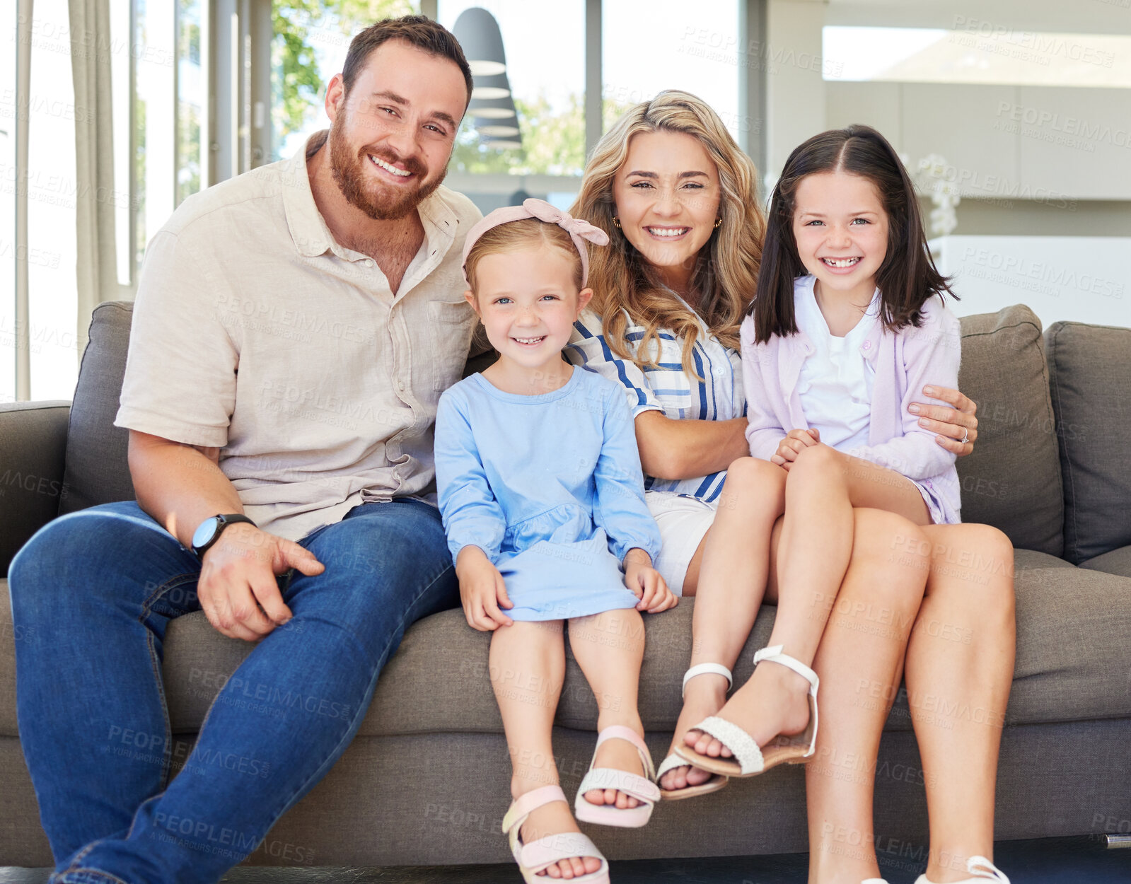 Buy stock photo Girls, parents and smile with portrait on couch, support and embrace for bonding family. Love, siblings or happiness for married people in home, living room or mother for together and care in lounge