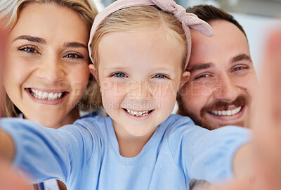 Buy stock photo Selfie, family and daughter with smile, home and profile picture of happy parents, love and bonding.  House, man and woman with memory to share with girl, joy and photography of kid with mom and dad