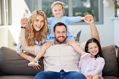 Buy stock photo Happy portrait, parents and kids on sofa for healthy relationship, bonding time and security in family home. Smile, mom and dad with girl children for love support, safety and relax together on couch