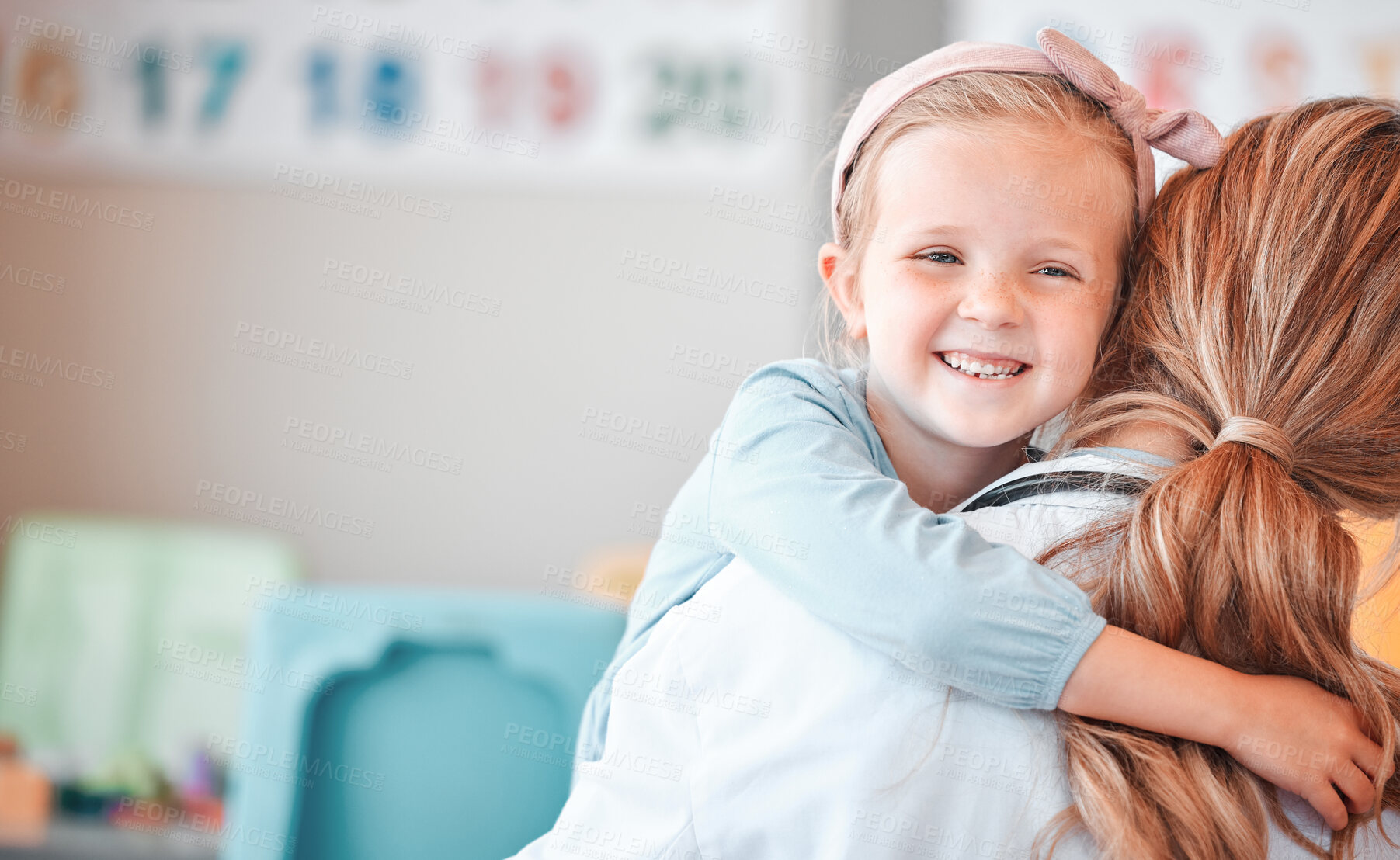 Buy stock photo Hug, child and psychologist in clinic for consultation and support for kid with adhd. Mental health, wellness and girl in office for care, therapy and happiness for assessment, results and woman  