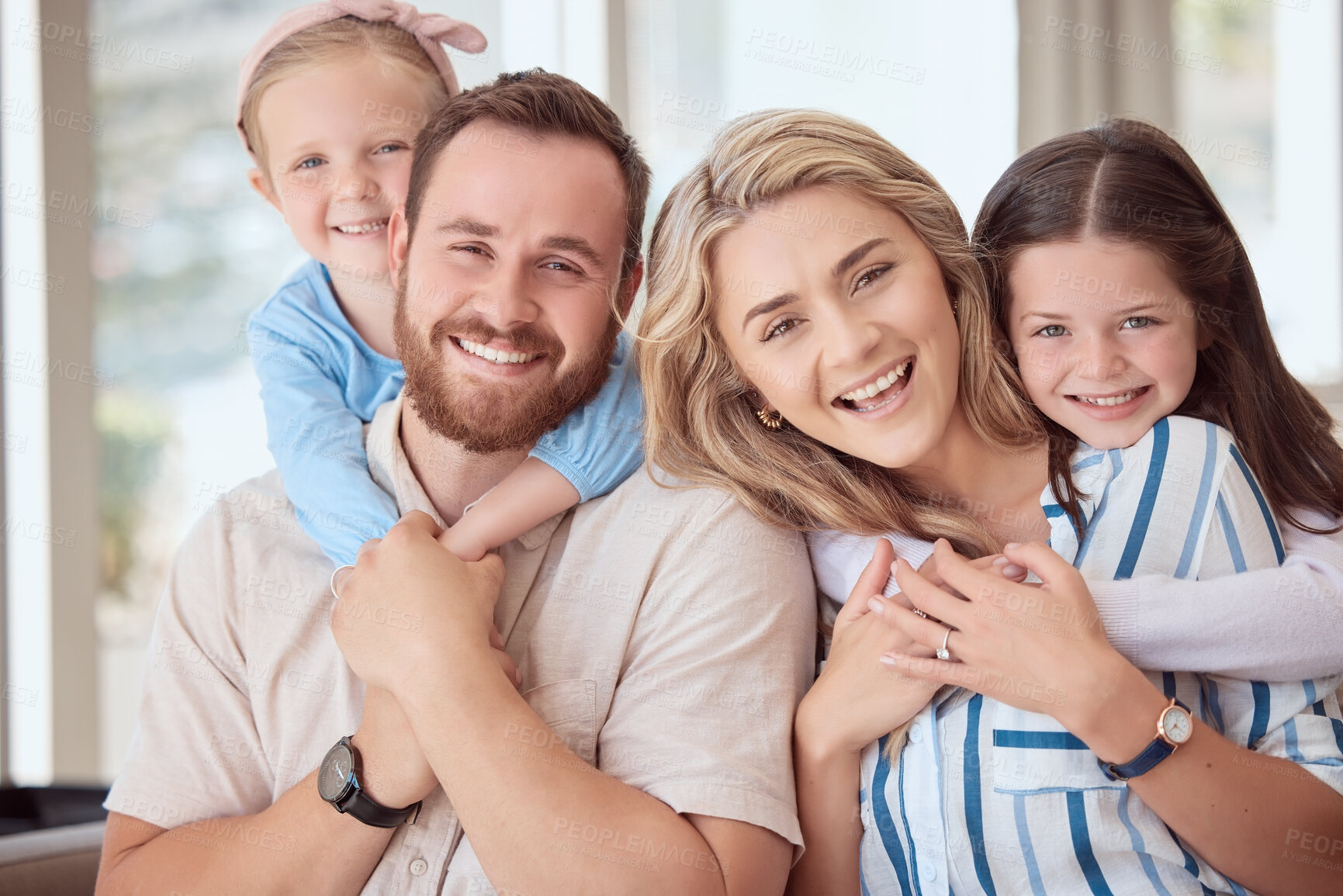 Buy stock photo Portrait, hug and family with love in house, care and relax with happiness, time together and joyful. Face, parents and mother with father, embrace and girls with smile, children and kids in lounge