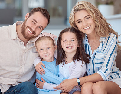 Buy stock photo Portrait, relax and family with love, girls and children with happiness, together and house. Face, parents and mother with father, embrace or weekend break with smile, cheerful or kids in lounge