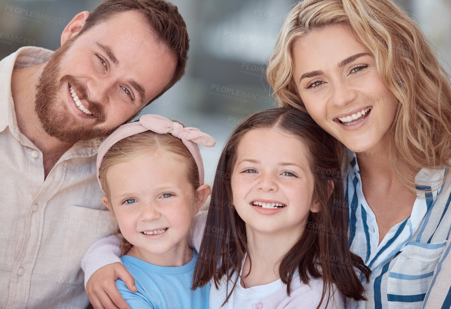 Buy stock photo Portrait, hug and family with love in home, care and relax with happiness, time together and smile. Face, parents and mother with father, embrace and girls with children, joyful and kids in lounge