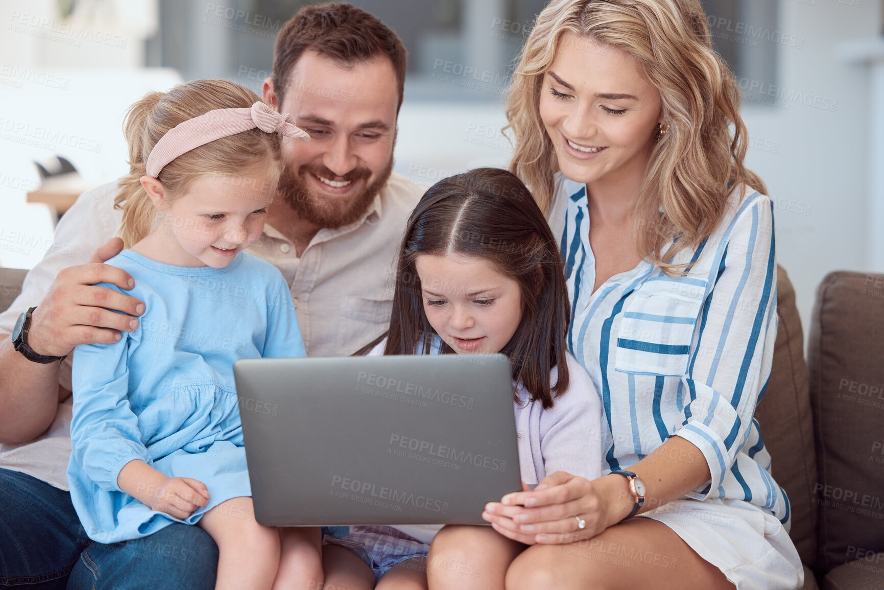 Buy stock photo Parents, children and laptop on sofa with smile, video and streaming with bonding in family house. Father, mother and daughter siblings for movies, film or cartoon with subscription in living room