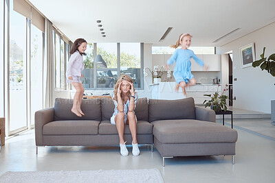 Buy stock photo Mother, headache and children running in home with chaos, stress and overwhelmed environment with burnout. Mom, migraine and girl kids in house with energy or hyper from adhd and autism behavior.