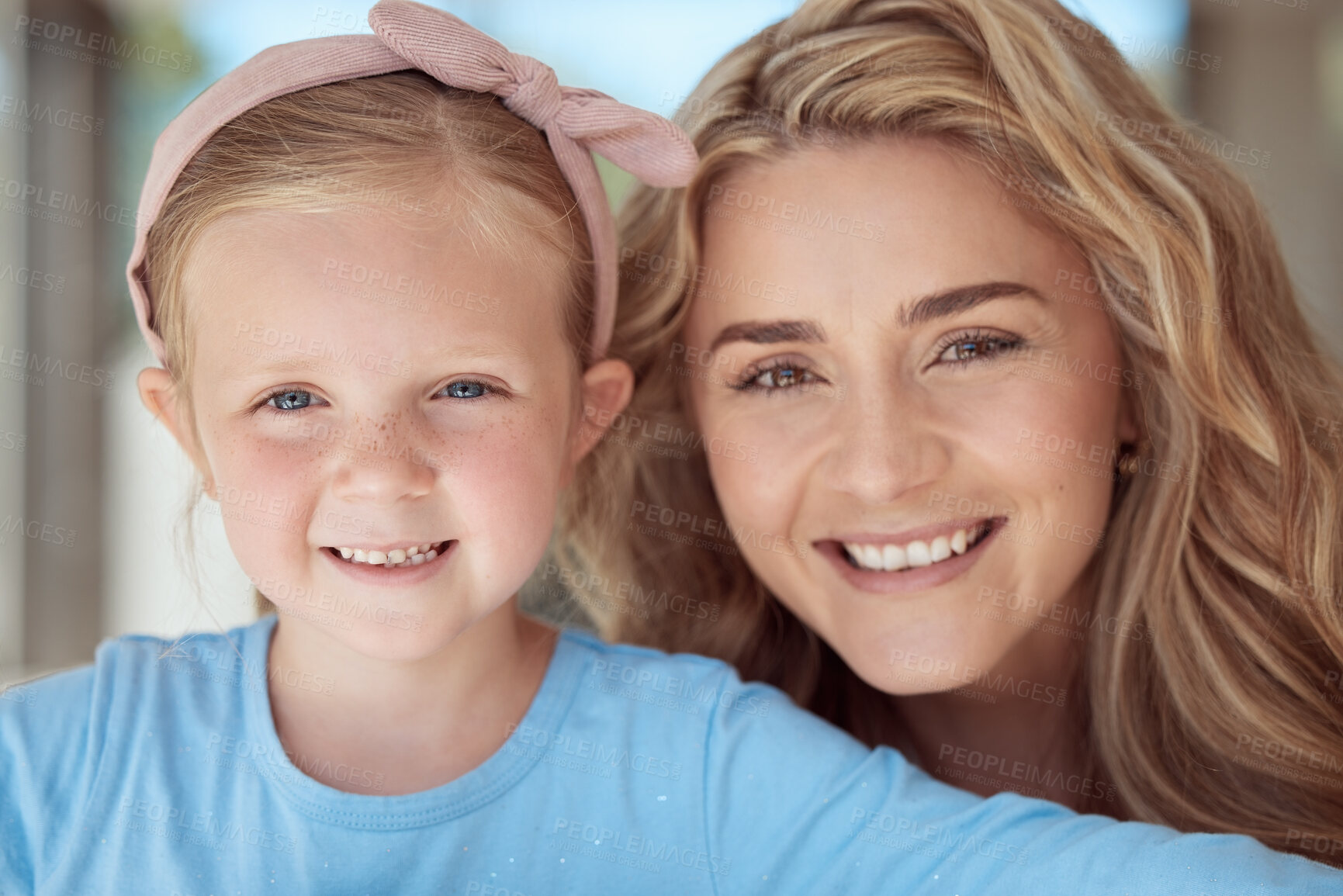 Buy stock photo Mother, kid or smile in home for selfie, bonding or support for relationship development. Portrait, mom or young girl with happiness for care, emotional connection or profile picture for social media