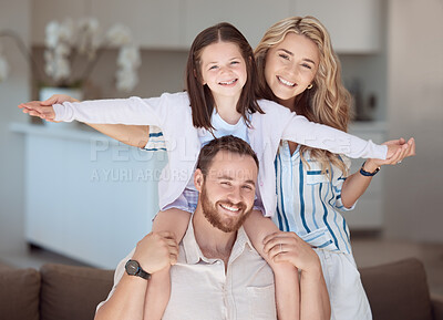 Buy stock photo Parents, girl and portrait on shoulders on couch with plane, care and games with holding hands with smile. Father, mother and daughter with love, connection and airplane with flight in family house