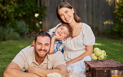 Buy stock photo Happy, family and portrait in backyard for picnic, morning and together or outdoor for holiday. Mom, dad or child in garden or countryside for mothers day in nature or apples for nutrition or vitamin