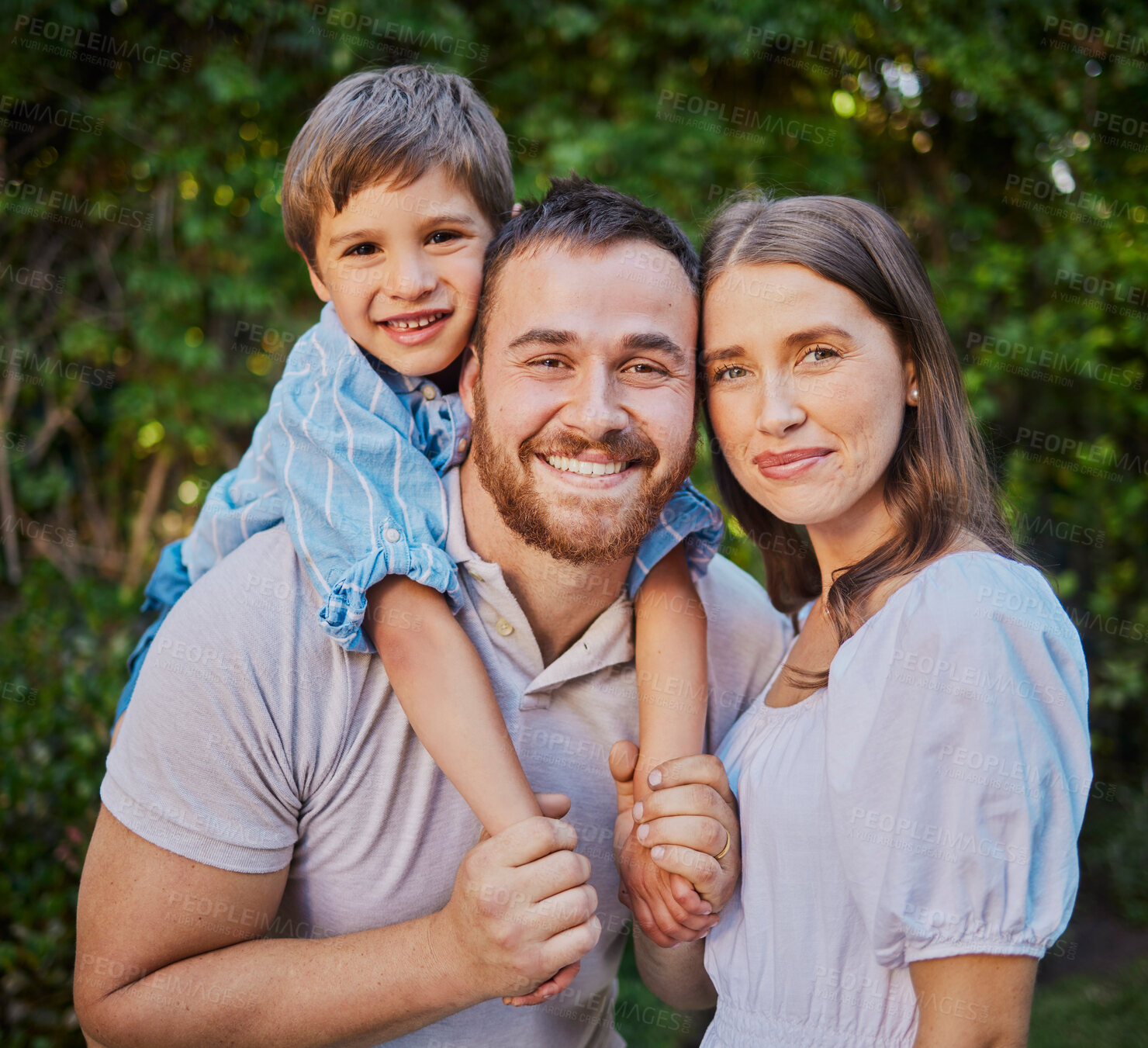 Buy stock photo Piggyback, family and portrait in garden for love, morning and together or outdoor for holiday. Mom, dad or child in backyard or countryside for mothers day in nature or happy for relax and support