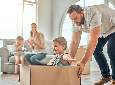 Buy stock photo Family, man and girl with box in new home for relocation, playing or real estate. Children, parents and dad with daughter for property investment, happiness or bonding together in living room