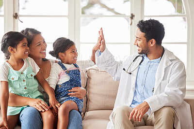 Buy stock photo Kids, mom and doctor with high five in home for healthcare service, medical advice or good news. Happy, girl and mother with gesture of pediatrician for test results, healing or success in house call