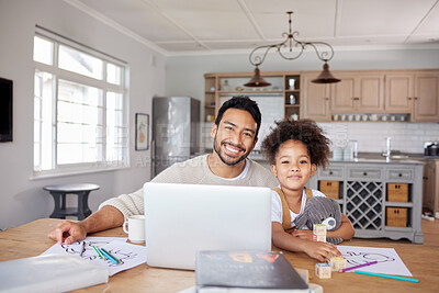 Buy stock photo Father, girl and portrait with homework in home for creative development, education or homeschool lesson with remote work. People, dad and child with building blocks for study activity in dining room