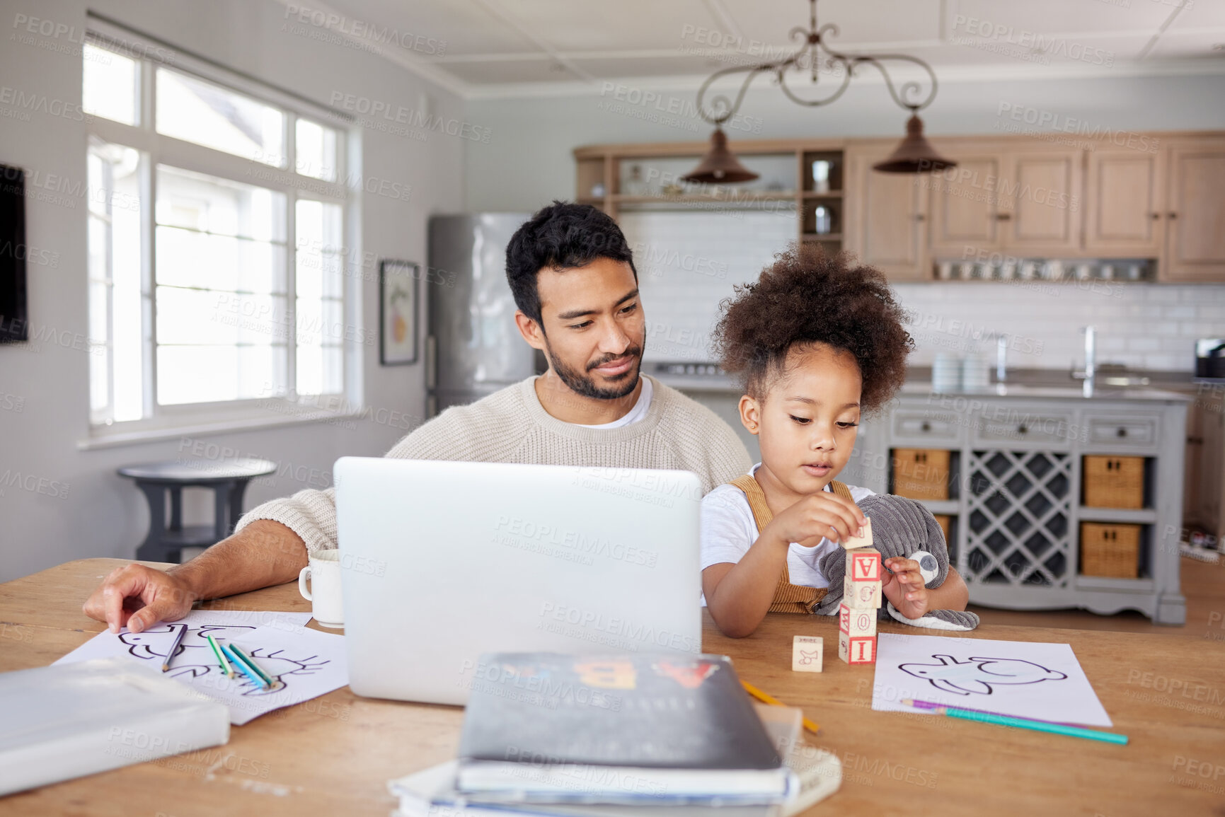 Buy stock photo Father, girl and learning with homework in home for creative development, education or homeschool lesson with remote work. People, laptop and child with building blocks for study in dining room