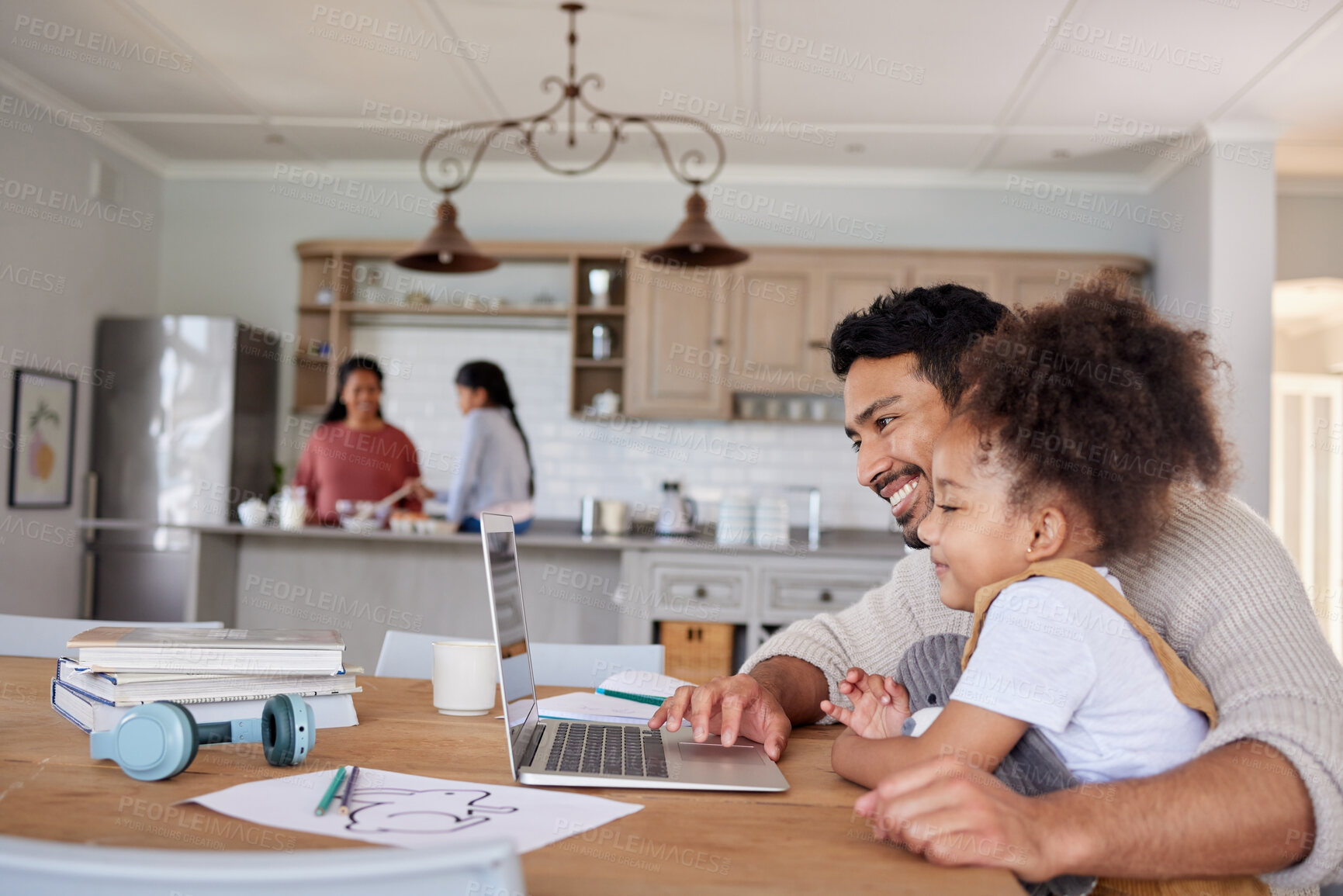 Buy stock photo Father, girl and happy with laptop in home for learning, education or homeschool lesson with remote work. People, dad or daughter with technology for study activity, helping or support in dining room