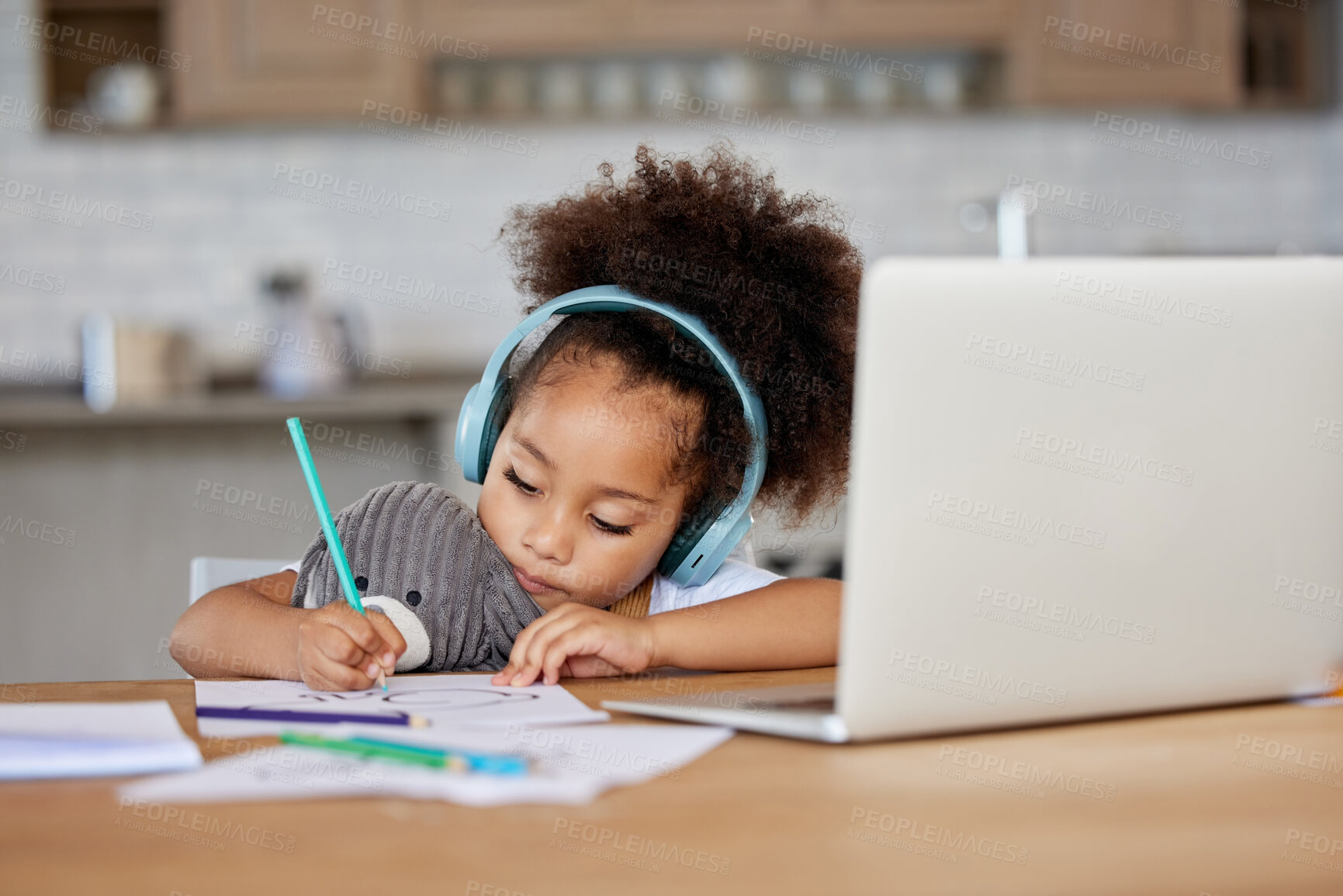 Buy stock photo Home education, learning and girl or child listening to audio for instructions, guide and teaching drawing or motor skills. Kid with teddy bear for cognitive development, headphones for online school