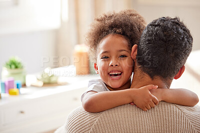 Buy stock photo Happy girl, portrait and hug with father for embrace, bonding or support in care or love at home. Little child, kid or daughter with smile in joy for holiday, weekend or childhood with dad at house