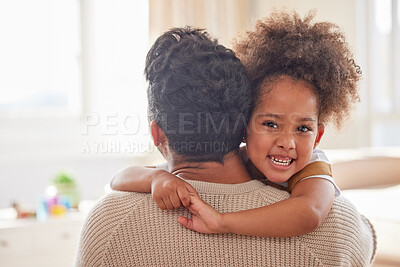Buy stock photo Happy girl, portrait and hug with dad for embrace, bonding or support in care or love at home. Little child, kid or daughter with smile in joy for holiday, weekend or childhood with father at house