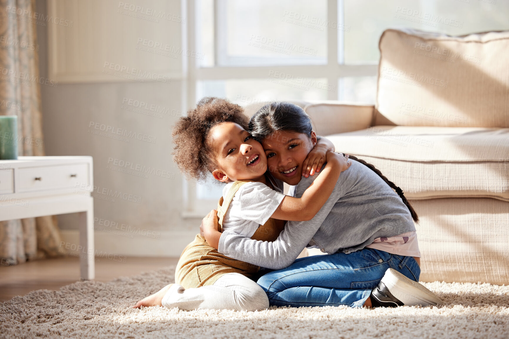 Buy stock photo Friends, portrait and hug in home for love, children and bonding on floor in living room. Sisters, embrace and happiness for support in relationship, together and weekend for friendship connection 