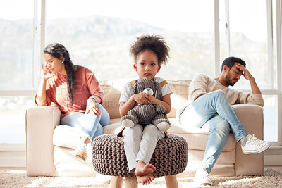 Buy stock photo Frustrated couple, fight and argument with sad child on sofa for living room dispute or conflict at home. Scared little girl with teddy bear and parents in disagreement, breakup or divorce at house
