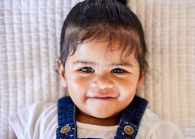 Buy stock photo Top view, happy and portrait of baby on bed in home for growth, development and support for health. Morning, girl or kid and wellness or care with memory or trust for games and play in apartment 