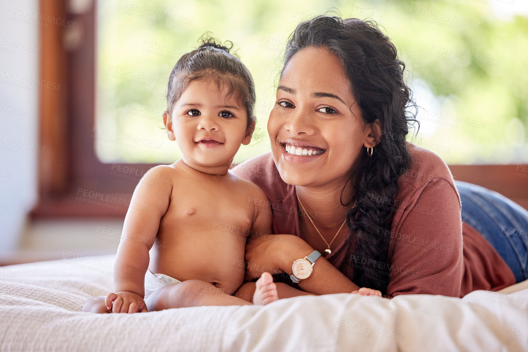 Buy stock photo House, Indonesian mother and baby in portrait for bonding with family, smile for growth in bedroom. Mom, daughter and happiness in home or together for relax, learning and development or parenting