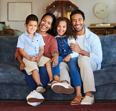 Buy stock photo Portrait, family and parents with children on sofa for relax, comfortable or bonding together in living room. Love, kids and hispanic man with woman on weekend for happiness, support or peace in home