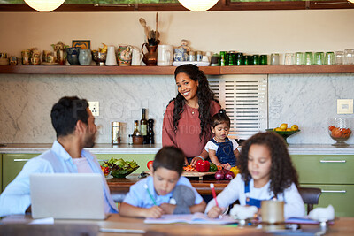 Buy stock photo Woman, baby and family in kitchen with dad, laptop and notebook for e learning or teaching. Children, parents and together in home or apartment for morning, working and technology for online career 