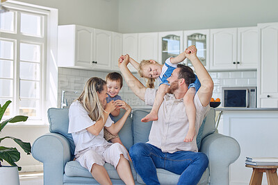 Buy stock photo Smile, fun and family relax on sofa house for bonding, love and care or hug in living room together. Happy, woman and man with children for childhood, support and trust of memory at home vacation