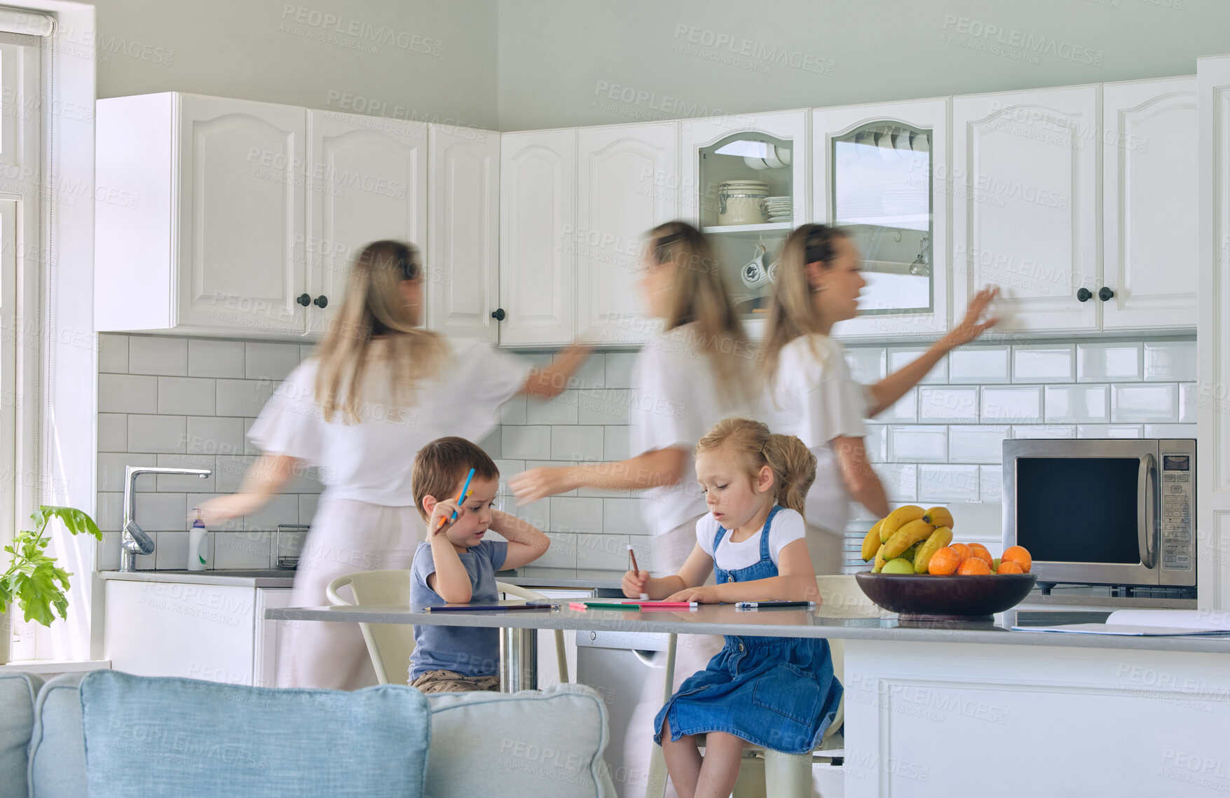 Buy stock photo Home, busy mom and routine with kids for lunch, preparation and multitasking in morning. Kitchen counter, little girl and brother with composite, mama and getting ready for school with breakfast