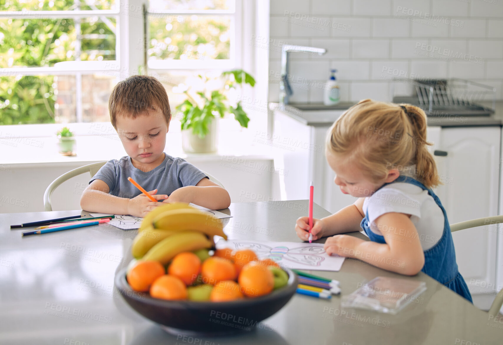 Buy stock photo Pencil drawing, children and creativity in home, kitchen and color book learning project. Brother, sister and art sketch for homework, education and family bonding with paper and fun play together