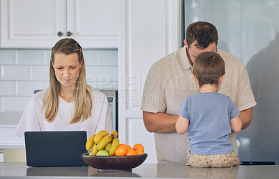 Buy stock photo Mother, laptop and son bonding or online research as multitasking parent, deadline or learning. Man, kids and youth education or family study in apartment kitchen, remote work or fresh fruit lunch