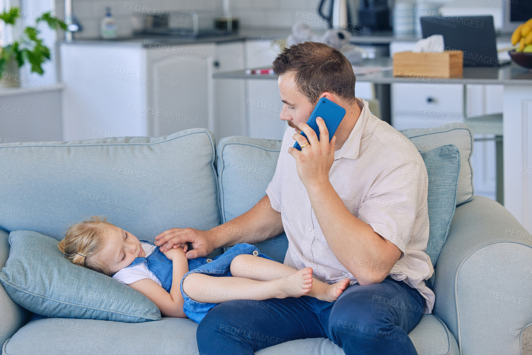 Buy stock photo Phone call, sick and father with child on sofa with telehealth consultation for flu, cold or allergy. Illness, dad and mobile conversation with ambulance for medical emergency with girl kid at home.