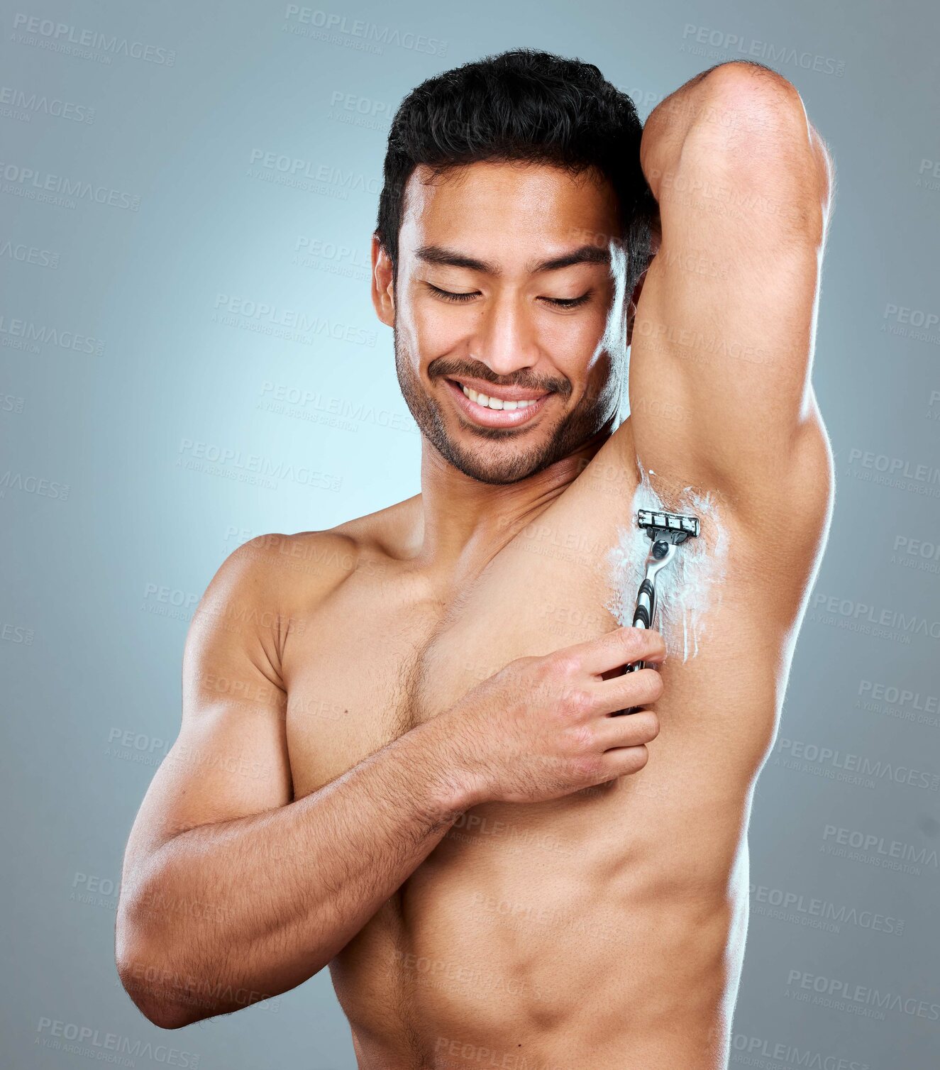 Buy stock photo Shaving cream, armpit and man with razor in studio isolated on a gray background. Epilation, happy cleaning and shirtless model with product, foam or gel to shave for wellness or hair removal