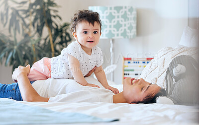 Buy stock photo Bonding, mom and baby on bed with portrait, love and playing together in home for care, support and motherhood. Relax, happy woman and infant girl in bedroom with fun, growth and child development