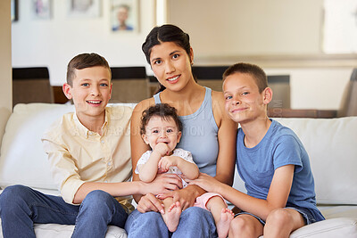 Buy stock photo Happy mother, portrait and children with brothers on sofa for bonding, weekend or family holiday at home. Mom, young kids and smile with baby for love, embrace or playful day in living room at house