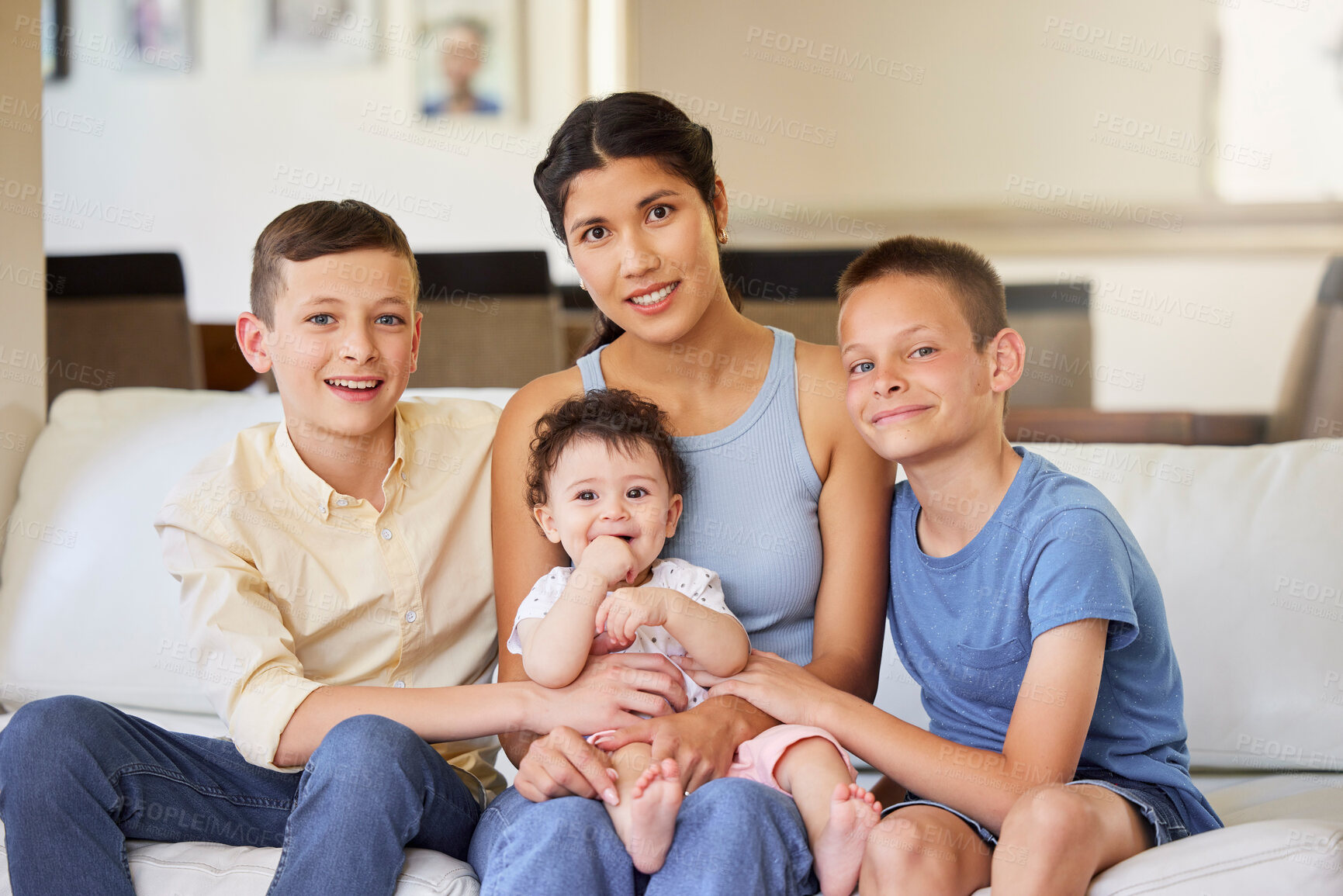 Buy stock photo Happy mother, portrait and children with brothers on sofa for bonding, weekend or family holiday at home. Mom, young kids and smile with baby for love, embrace or playful day in living room at house