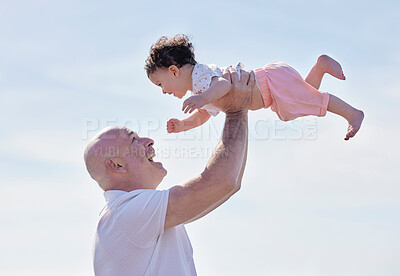 Buy stock photo Happy grandfather, baby and air with blue sky for bonding, holiday or outdoor weekend together in nature. Grandpa holding or lifting child, kid or infant in embrace for vacation, love or support