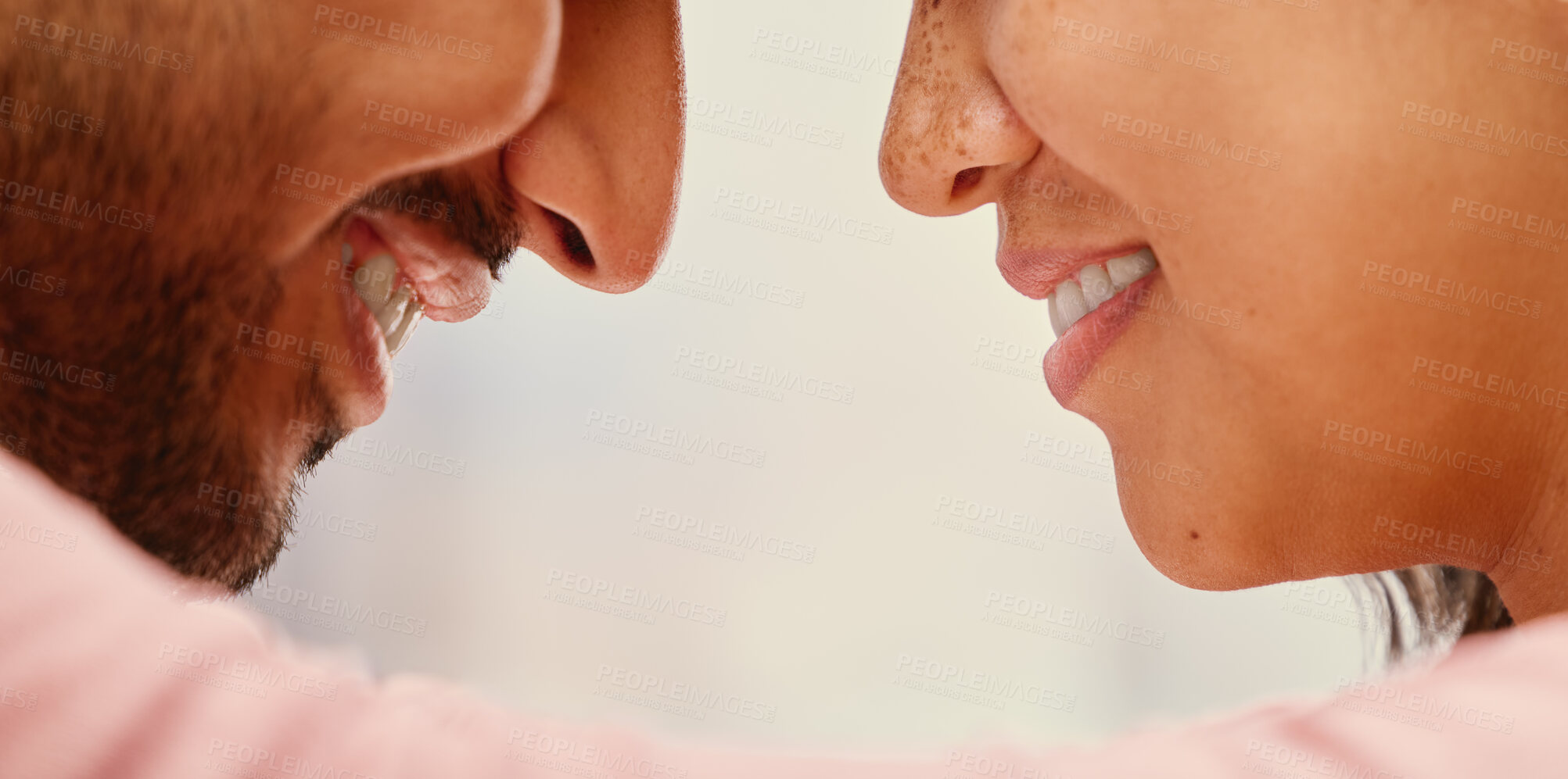 Closeup of mixed race man loving his asian wife. Headshot of hispanic  couple bonding and sharing an intimate moment at home. Beautiful woman with  freckles feeling in love with boyfriend | Buy