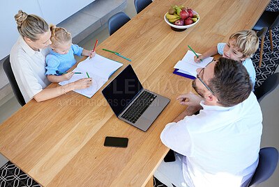 Buy stock photo Parents, home and above with children or working with support, help or learning for kindergarten. Family time, wood table and laptop in house for development with kids, drawing or writing for growth