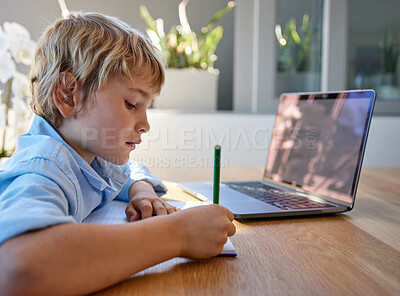 Buy stock photo Outdoor, laptop and boy writing with homework for education, elearning or school work at home. Online, studying and young child at table with notebook for development, growth or knowledge in backyard