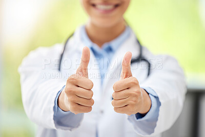 Buy stock photo Healthcare, doctor or woman in medicine with thumbs up, trust or agreement gesture for review. Like, support and medical professional in garden with yes hand sign for health, wellness and care