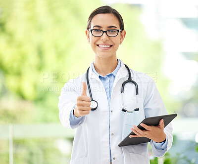 Buy stock photo Portrait, doctor or woman in park with thumbs up, smile or agreement gesture for positive review. Like, support and happy medical professional in garden with yes hand sign in health, wellness or care