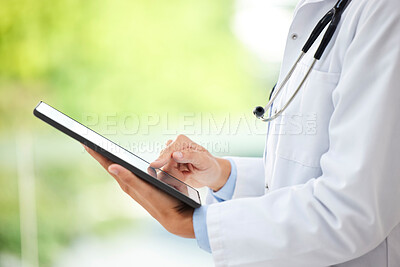 Buy stock photo Hands, doctor or person with tablet, search or online hospital schedule for healthcare service. Scroll, telehealth and medical professional on balcony with digital app for health, wellness and care